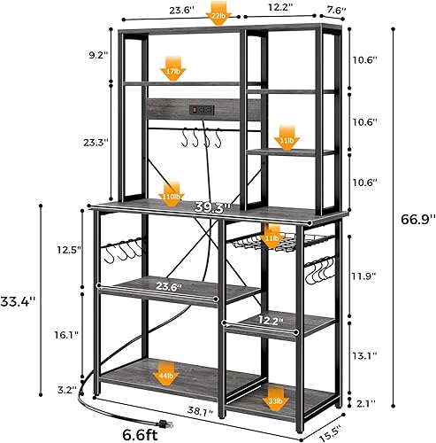 Miniatura 43 de SUPERJARE Estante grande para panaderos con tomas de corriente, soporte de microondas de 6 niveles, barra de café con 12 ganchos en forma de S,
