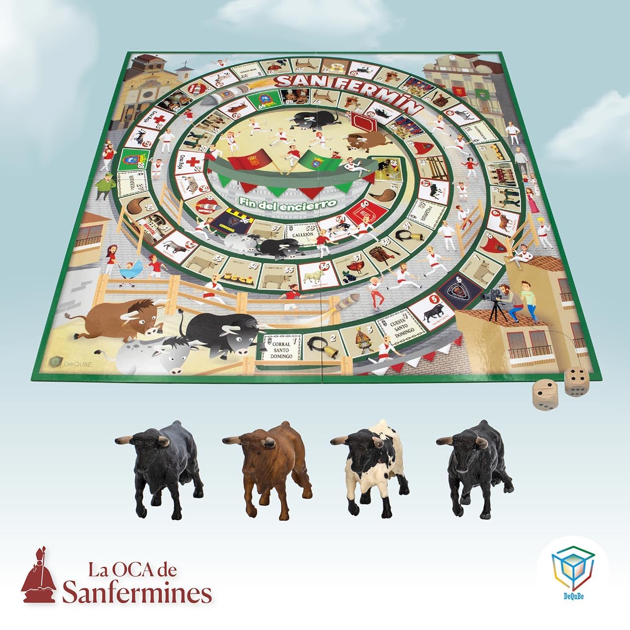 DeQube 924D00180 Jeu de l'oie de San Fermin – Comprend 4 Mini taureaux de Collecte et dés en Bois – Dimensions Plateau 50 x 50 cm