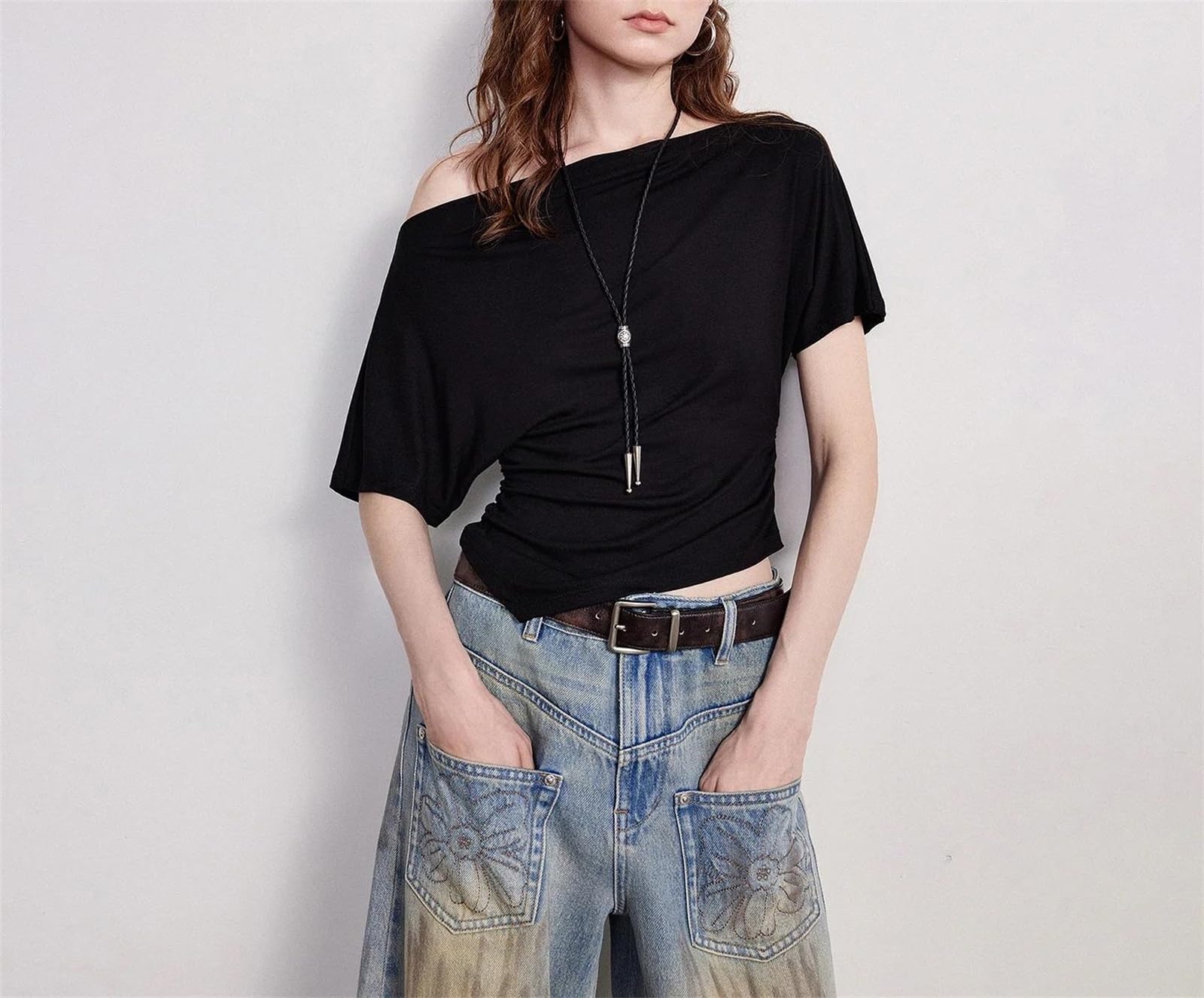 T-shirt uni à manches courtes pour femme - Coupe ample - Coupe ample - Pour l'été
