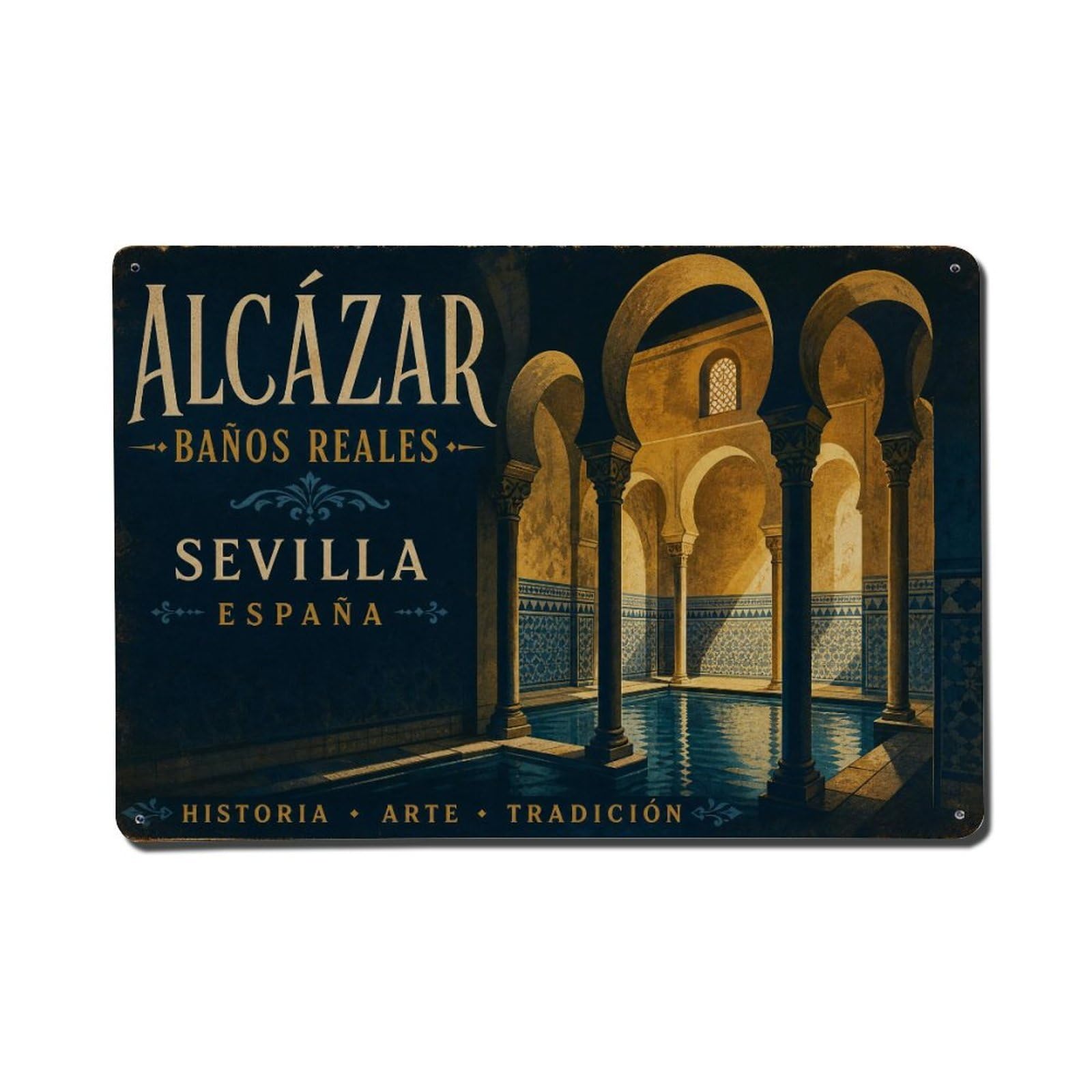 Yrnq 08X12inch Vintage Style Vintage Alcazar Baths Royal Chambers Tiles Arches Spain Metal Tin Sign