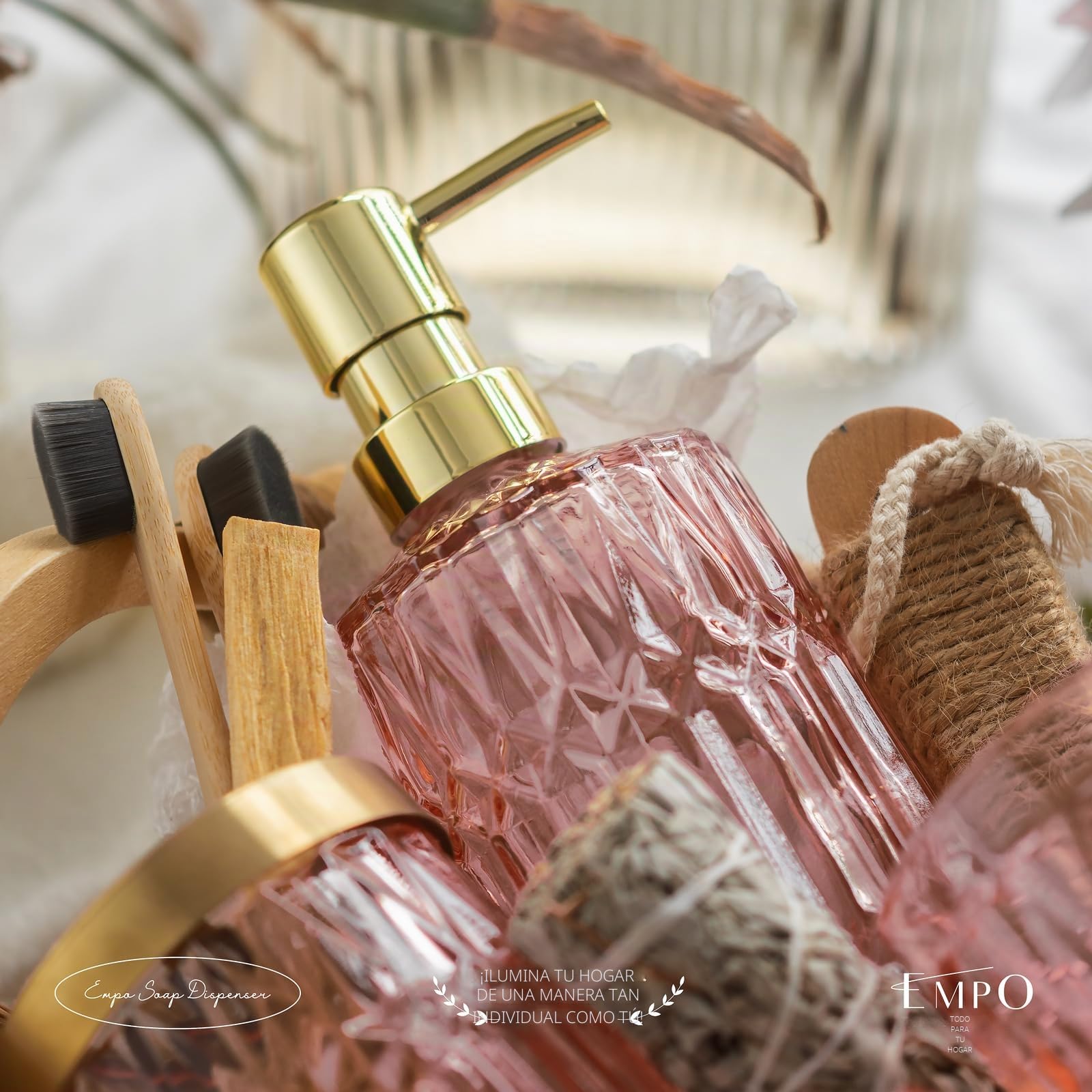 EMPÓ Juego de 6 accesorios de vidrio para baño (dispensador de jabón, jabonera, soporte cepillo dientes, vaso, tarro hisopo algodón), decoración moderna