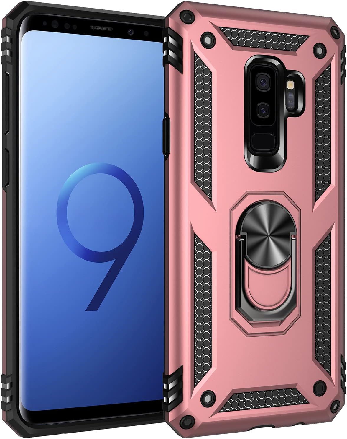 Military Grade Drop Impact for Samsung Galaxy S9 Plus Case 360 Metal Rotating Ring Kickstand Holder Magnetic Car Mount Armor Heavy Duty Protection for Galaxy S9+ Plus Phone Case (Rose Gold)