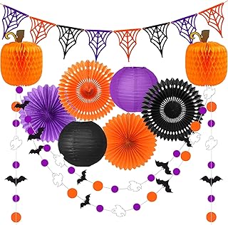 Halloween Party Decorations, Orange Purple Black Spider Web Flags Pumpkin Honeycomb Balls Bat Ghost Garland Paper Fans Paper Lanterns for Halloween Birthday Winter Party Indoor Outdoor