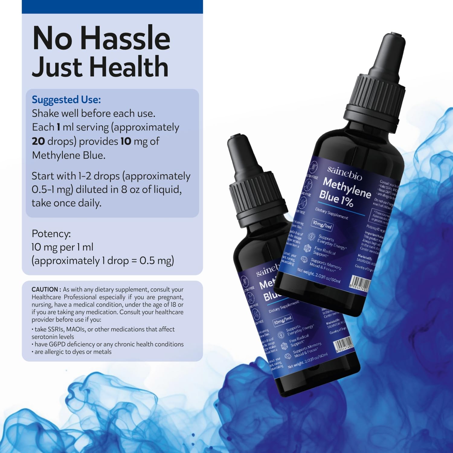 Methylene Blue Drops for Humans – 1% USP Grade Liquid Solution, 2.03oz (60ml) – No Alcohol, No Preservatives – Energy, Memory & Focus Support — Amazon image 5