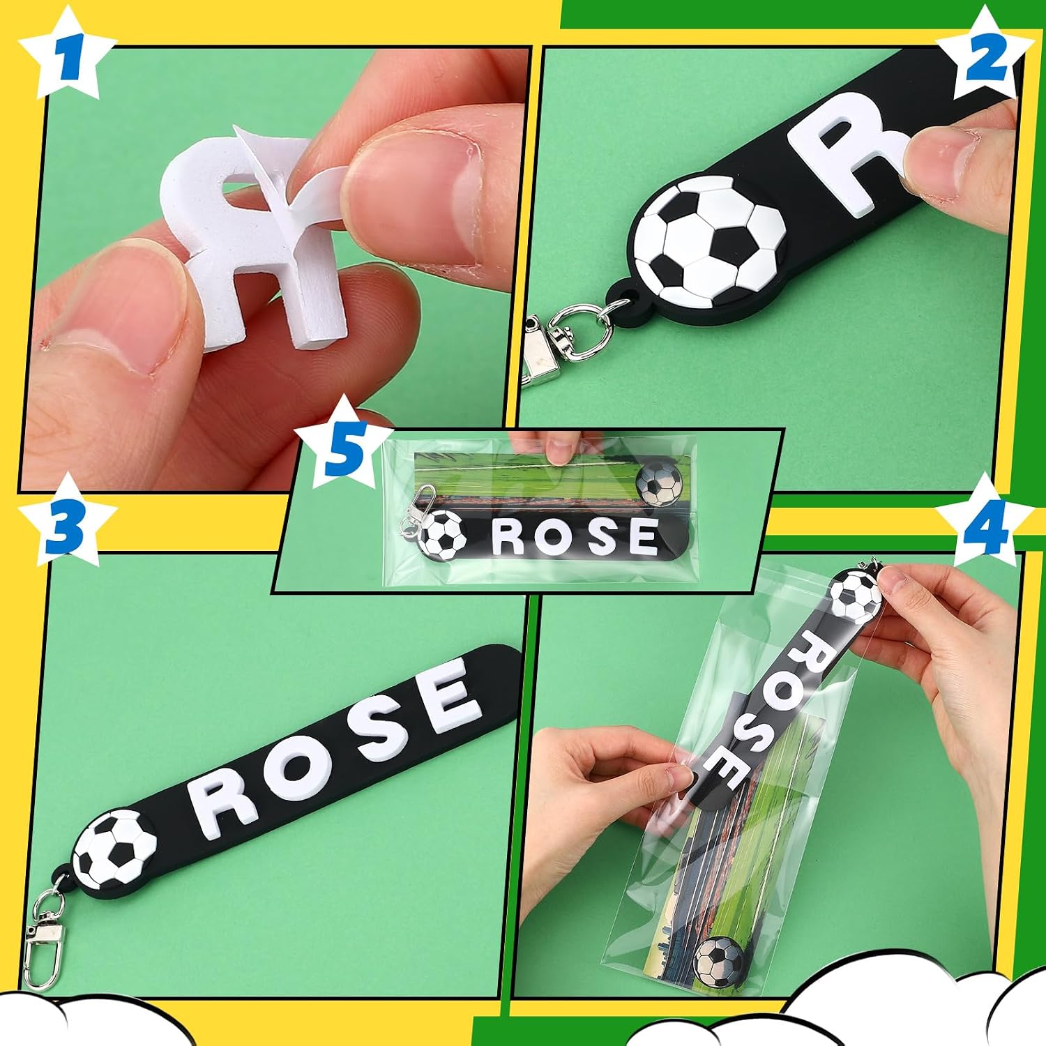 Landical 6 Sets Personalized Soccer Party Favors Keychain End of Season Gifts Luggage Name Tags Custom Sport Label with DIY Foam Letter Sticker Card Team Birthday Back to School Goodie Bag Stuffers