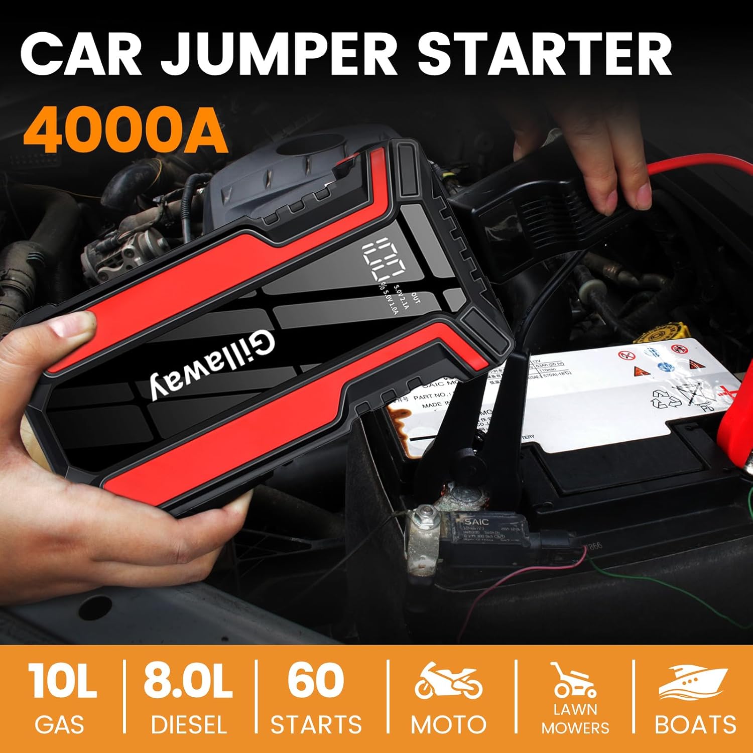 3000A Car Jump Starter Battery Pack (Up to 9.0L Gas and 7.0L Diesel Engine), 12V Car Charger Jump Starter Portable Battery Jump Starter with Power Bank