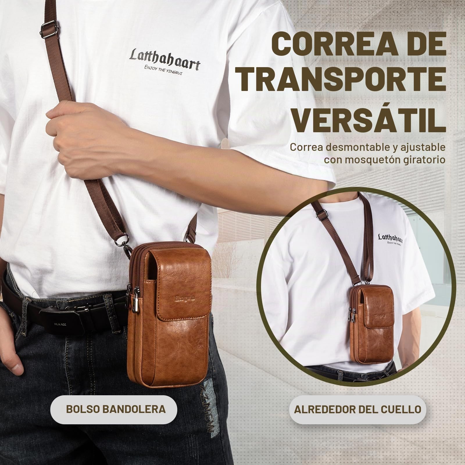 Multifuncional Cuero Genuino Doble Cremallera Bolsillos Hombres Vintage Look Bolso Bolso de Hombro teléfono cinturón Bolsa teléfono Funda para Viajes Actividades al Aire Libre