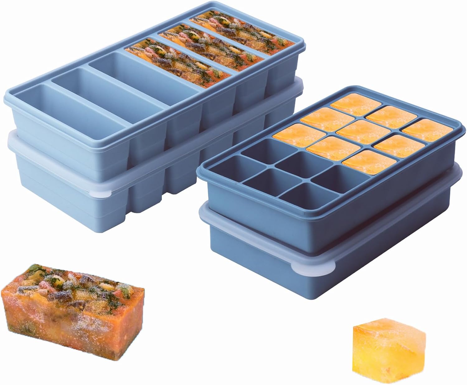 1/2-Cup & 2 Tbsp Silicone Freezer Molds - For meal prep & freezing of various sauces and other dishes,Perfect for Storing Garlic, Herbs, Ginger, Pesto - Silicone Food Freezer Tray (Blue 4 Pack)