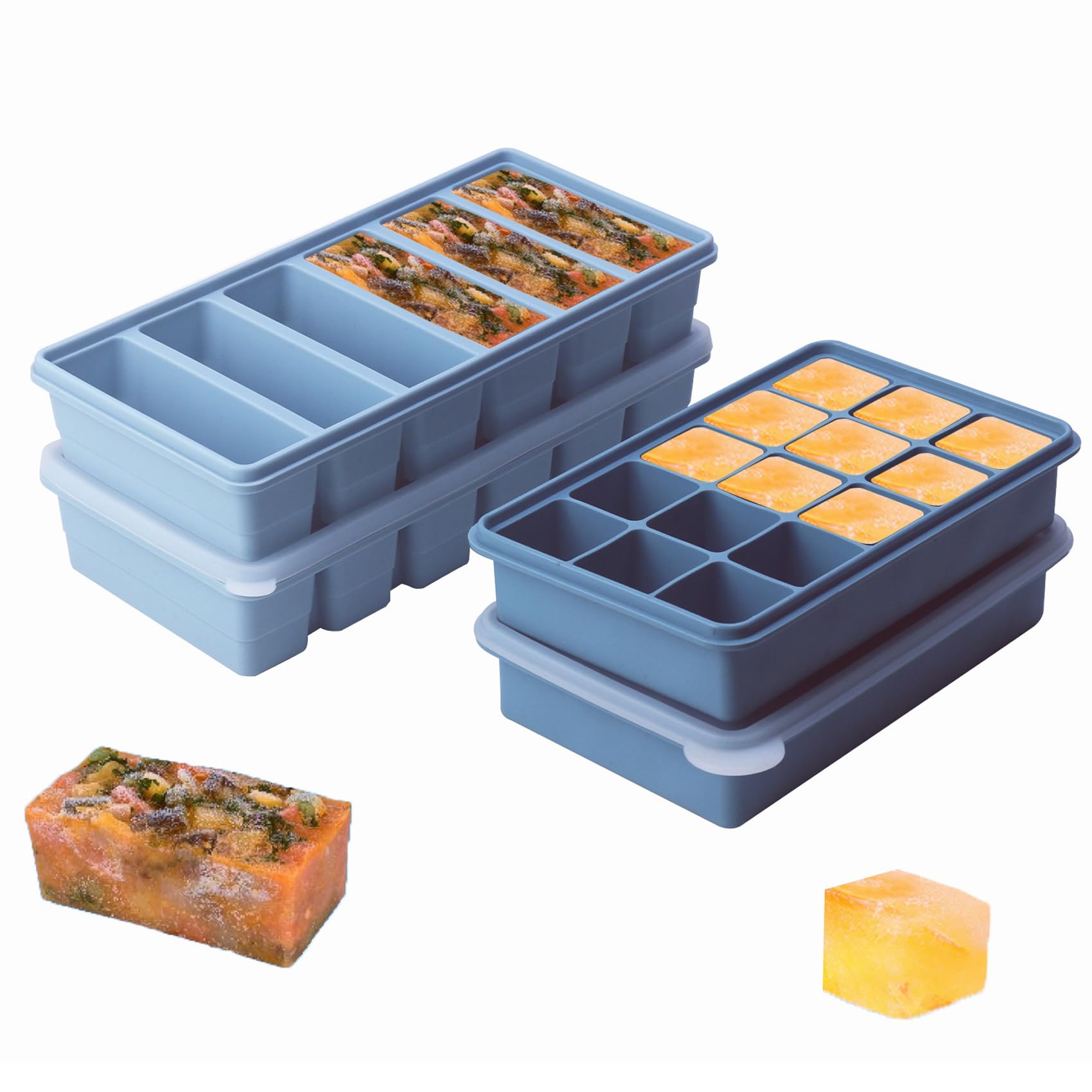 Photo 1 of 1/2-Cup & 2 Tbsp Silicone Freezer Molds - For meal prep & freezing of various sauces and other dishes,Perfect for Storing Garlic, Herbs, Ginger, Pesto - Silicone Food Freezer Tray (Blue 4 Pack)