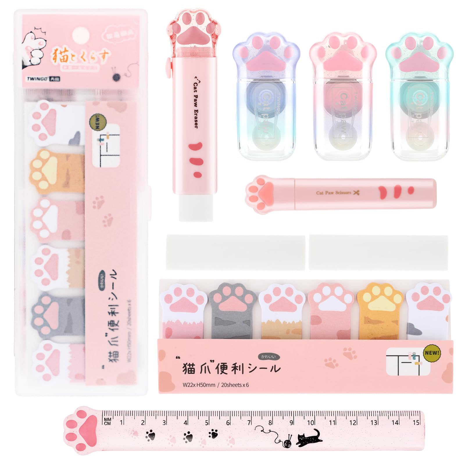 TIESOME Juego de 10 piezas de papelería de pata de gato, kit de papelería de gato de dibujos animados, suministros escolares, borrador retráctil, cinta correctora, notas adhesivas, regla, mini tijeras