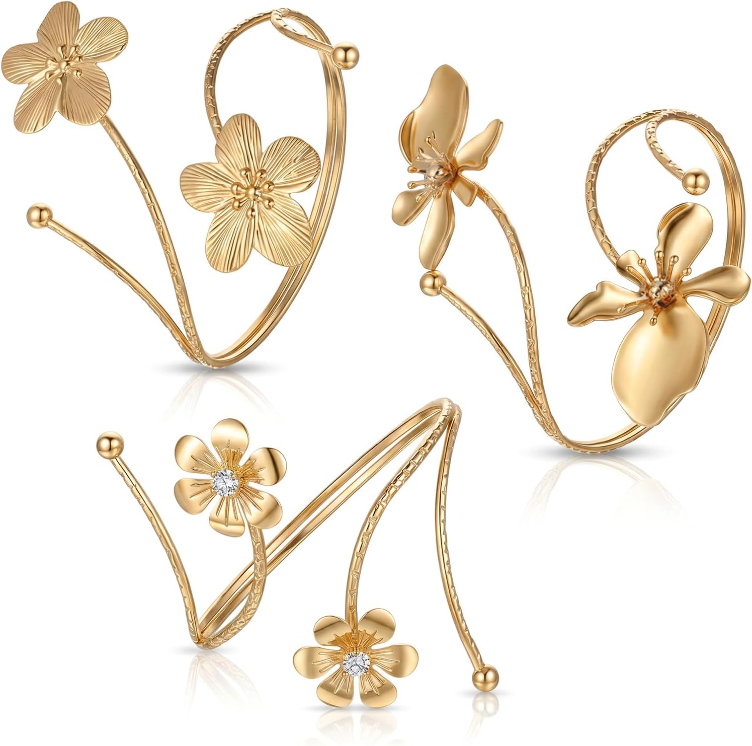 3Pcs Gold Arm Cuffs Flower Arm Cuff Bangles Coil Adjustable Upper Arms Band Cuff Bracelet Jewelry for Women