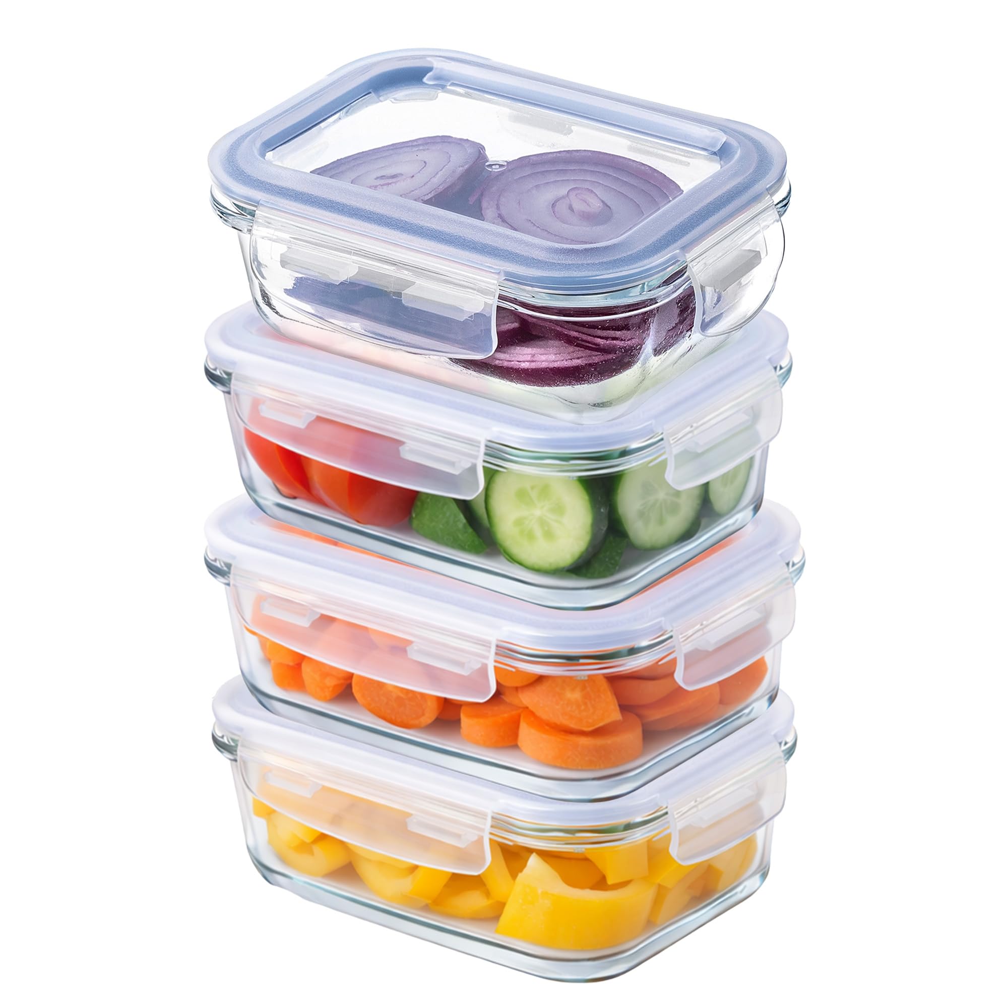 KADAX Glasbehälter 370 ml mit Deckel, 4er Set, rechteckige Frischhaltedosen aus Glas für Heißluftfritteuse, Lebensmittelbehälter mit Klickverschluss & Silikondichtung