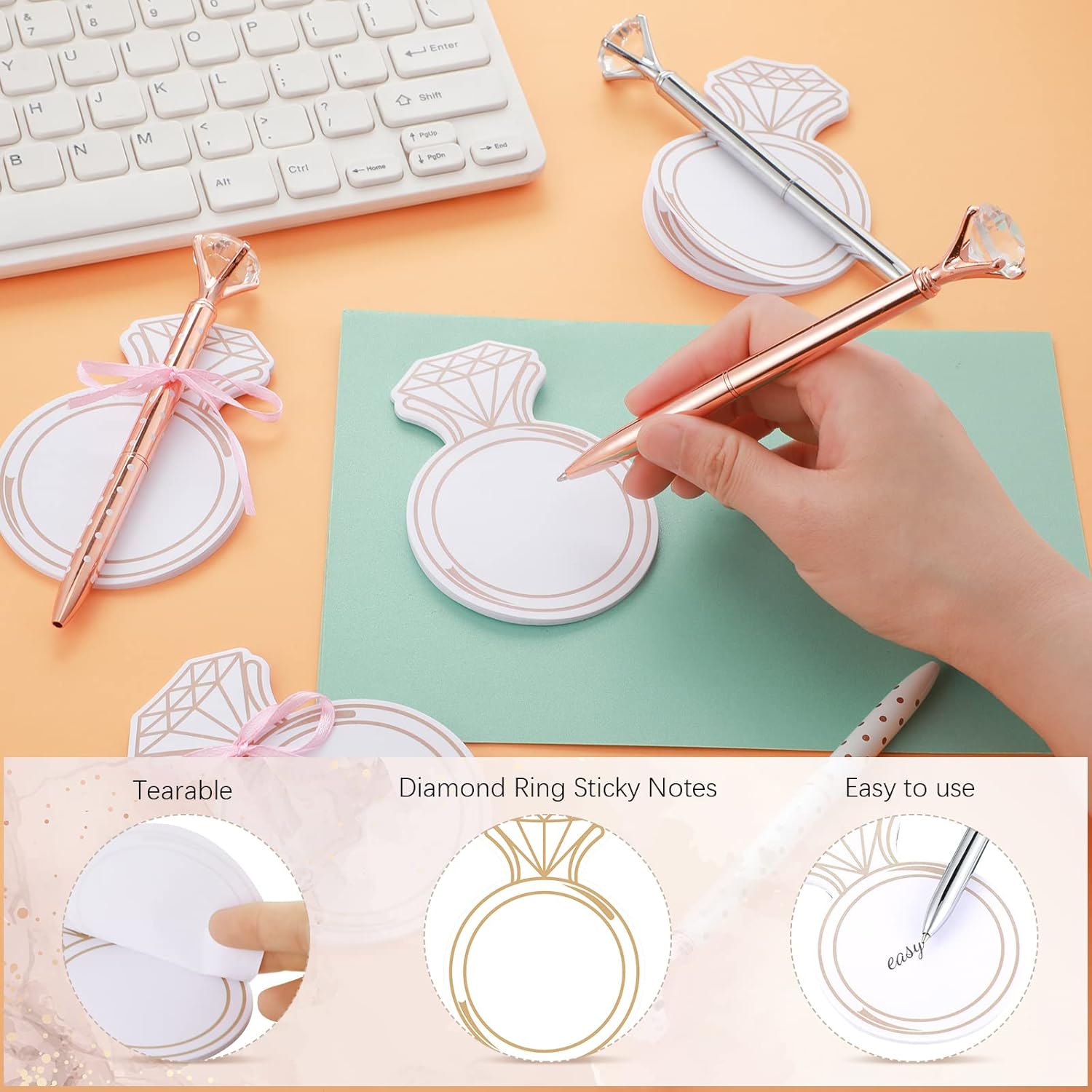 Fuutreo 24 Pack Diamond Ring Sticky Notes Set with Big Diamond Pens Diamond Ring Bling Memo Pad for Wedding Crystal Metal Ballpoint Pens with Black Ink for Bachelorette Office Wedding Gift Supplies
