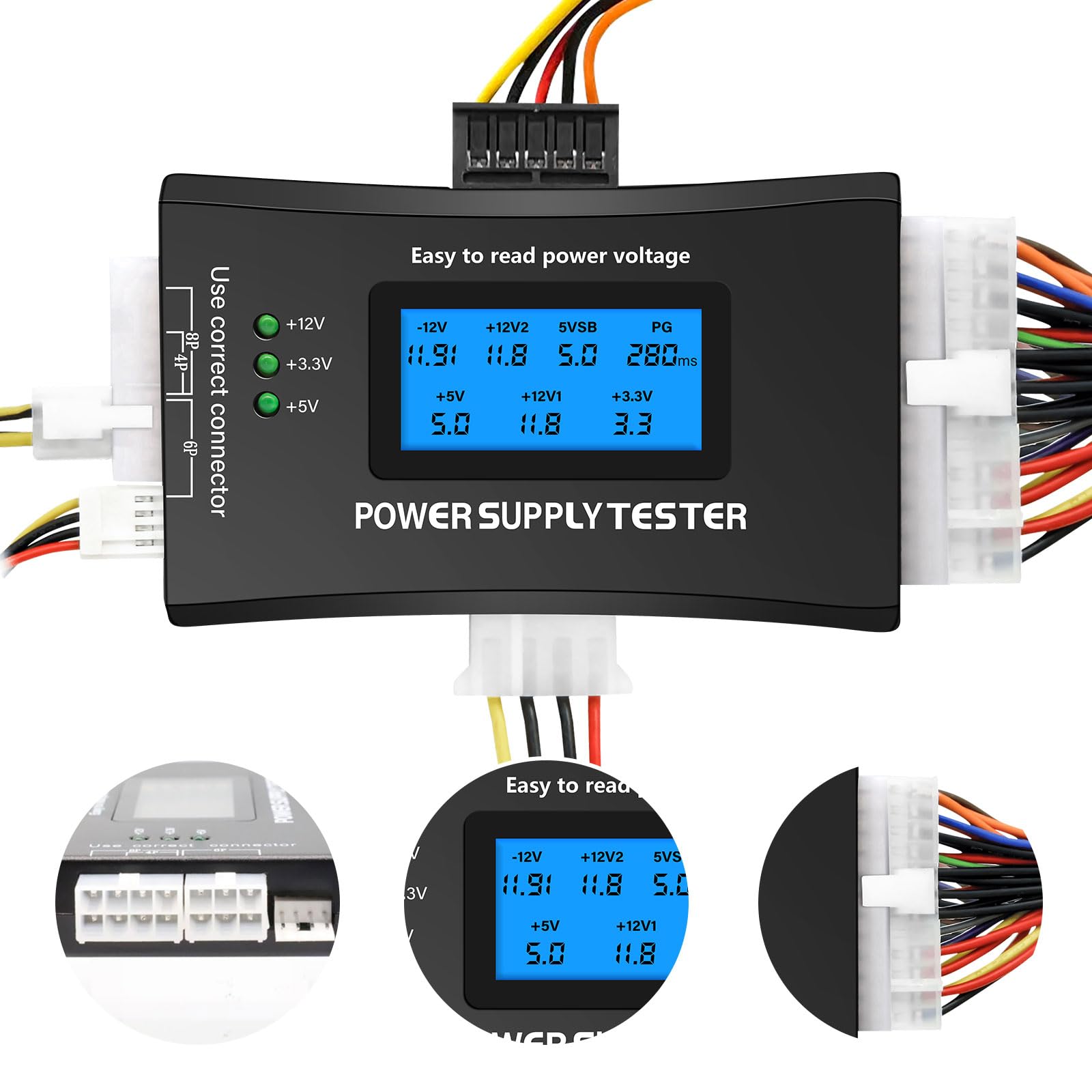 20/24 4/6/8 PIN LCD Computer Power Tester PC Power Supply Tester with LCD Display for ATX/ITX/IDE/HDD/SATA/BYI Connectors