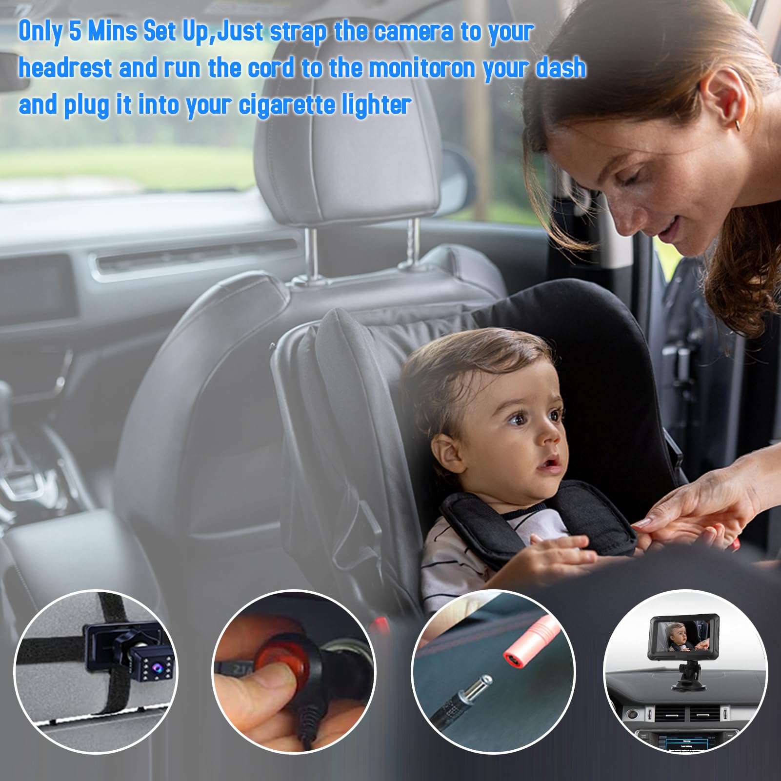 Shkalacar Espejo de Coche para Bebé, Monitor de Coche para Bebé 1080P con Conector USB para Cámara, Cámara para Bebé de 4,3con Visión Nocturna, Gran Angular de 150° para Bebés,