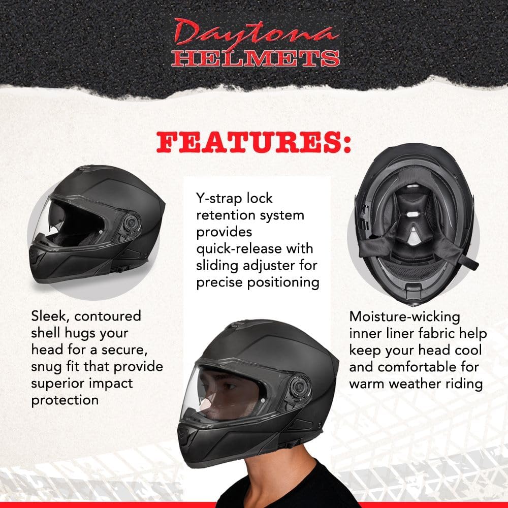 Daytona Glide Helmet - Dull Black - Lightweight Dirt Bike With Anti-Scratch Shield - DOT Approved Anti-Fog - Dual Density EPS Liner - Bluetooth Compatible - L - 4.14 Pounds