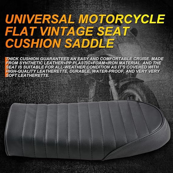 KATUR Universal Black Motorcycle Cafe Racer Seat Flat Vintage Seat Cushion Saddle Compatible with Honda CB125S CB550 CL350 450 CB CL Retro Cafe Racer