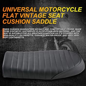 KATUR Universal Black Motorcycle Cafe Racer Seat Flat Vintage Seat Cushion Saddle Compatible with Honda CB125S CB550 CL350 450 CB CL Retro Cafe Racer