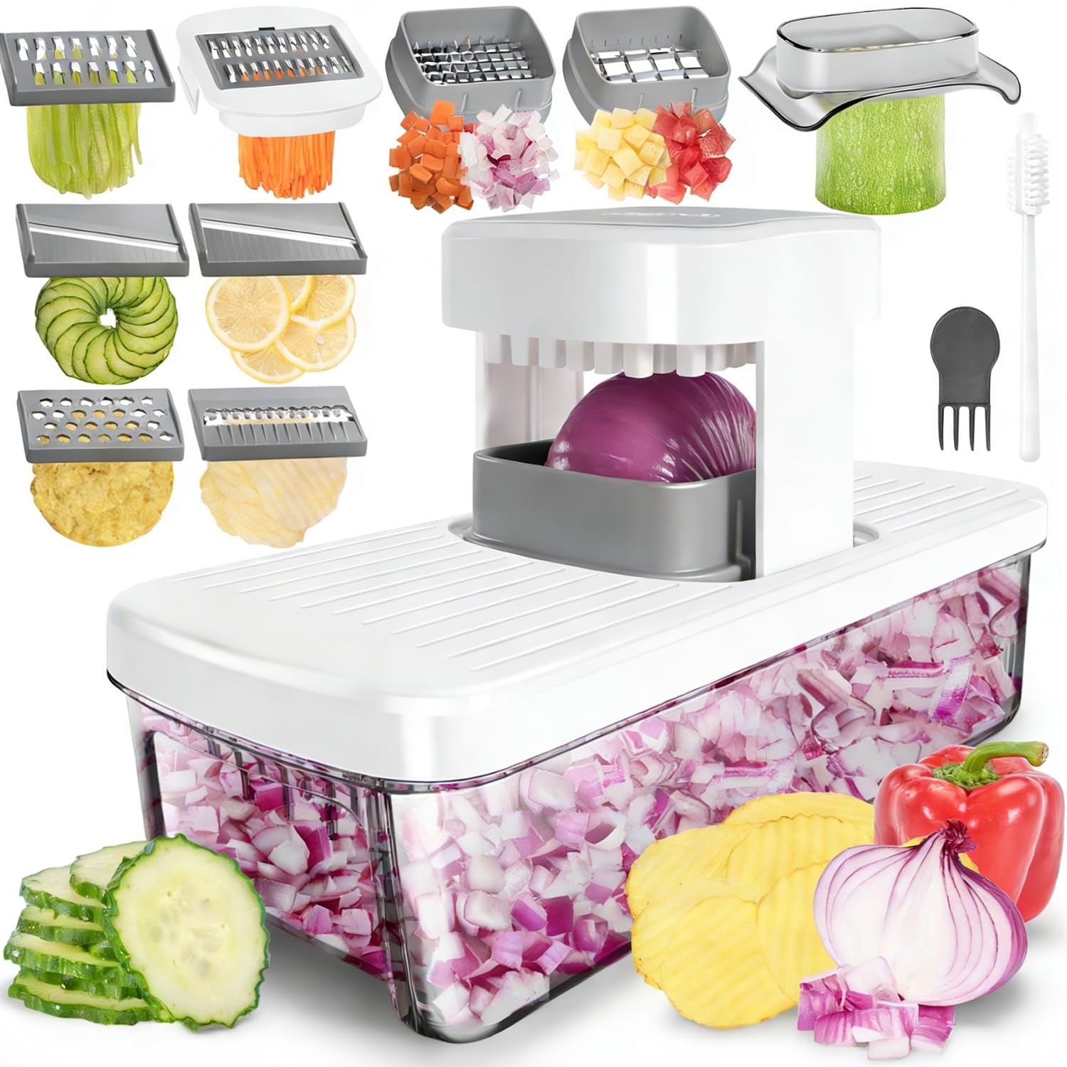 Photo 1 of Vegetable Chopper Mandoline Slicer 8-in-1 with Container, 8 Blades for Onion, Veggie & Fruit, Easy Food Slicer Dicer Cutter, Kitchen Gadgets & Essentials