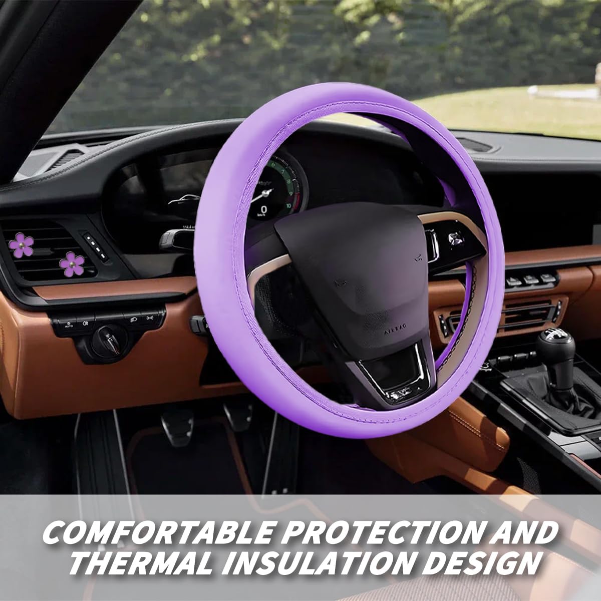 10PCS Car Accessories Set, Vehicle Steering Wheel Cover Seatbelt Protector Cup Holder Coaster Push Start Button Cover Flower Auto Air Vent Clip, Universal for SUV, Truck, RV (Purple)