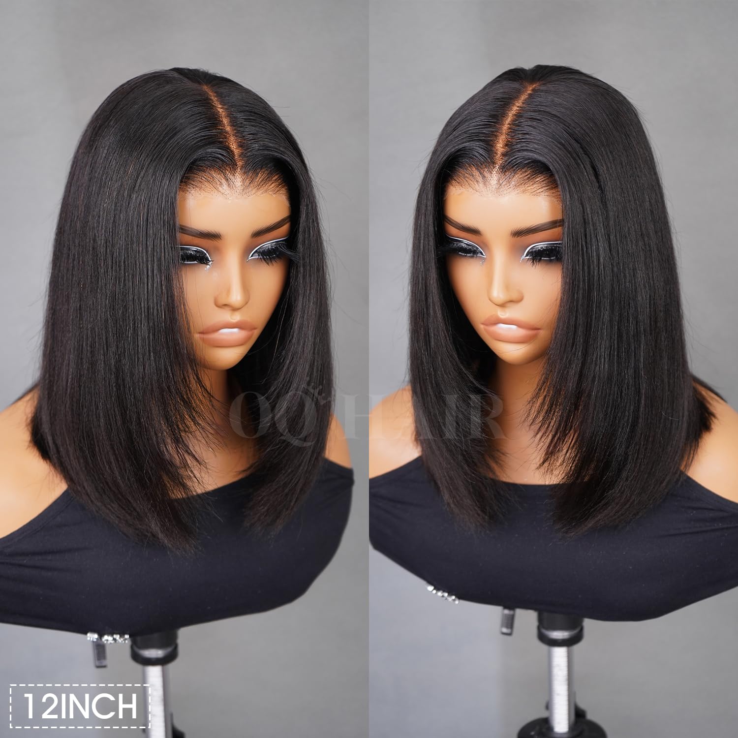 OQ HAIR Layer Cut Bob Wig Human Hair Pre-Bleached Glueless Wig Ready to Wear 180% Density Face-Framing Yaki Straight 9X6 HD Lace Closure Wigs Human Hair 12 Inch