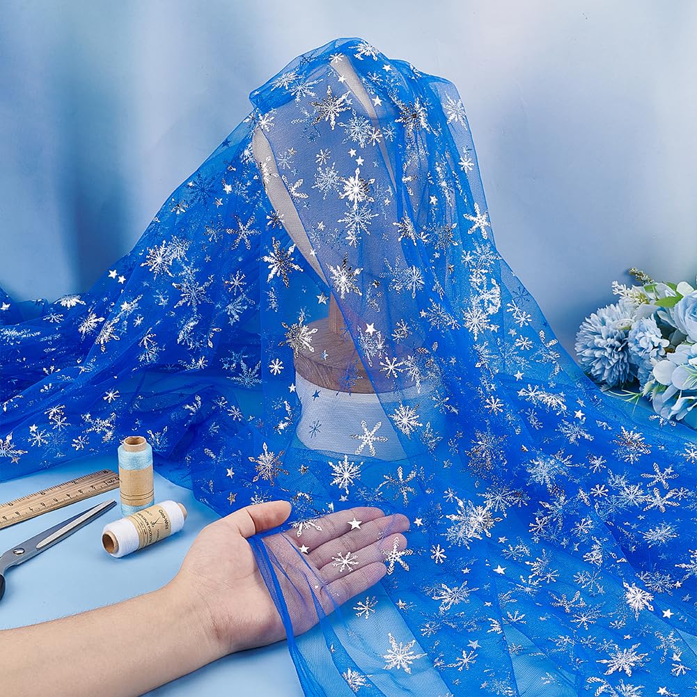 Organza-Stoff Mit Silbernen Schneeflocken – 150 Cm Breit, 3,66 M Lang | Blauer Netzstoff Für Basteln, Hochzeit & Dekoration | Nylon, Knitterarm & Leicht