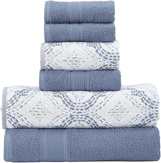 Modern Threads Capri 6-Piece Reversible Yarn Dyed Jacquard Towel Set - Bath Towels, Hand Towels, & Washcloths - Super Absorbent & Quick Dry - 100% Combed Cotton, Denim OEKO-TEX STANDARD 100