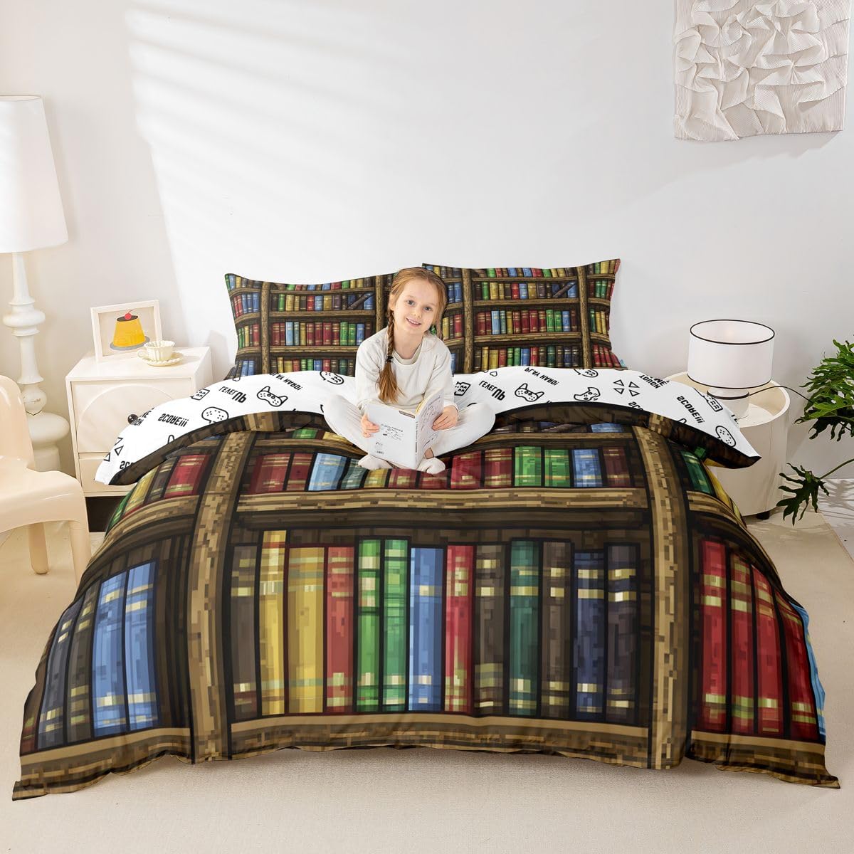 Manfei Pixel Bookshelf Kids Duvet Cover Set Queen Size,Pixelated Bookcase Girls Boys Bedding Set,Abstract Modern Building Games Room Decor,Light Brown Quilt Cover,2 Pillowcases(No Comforter)