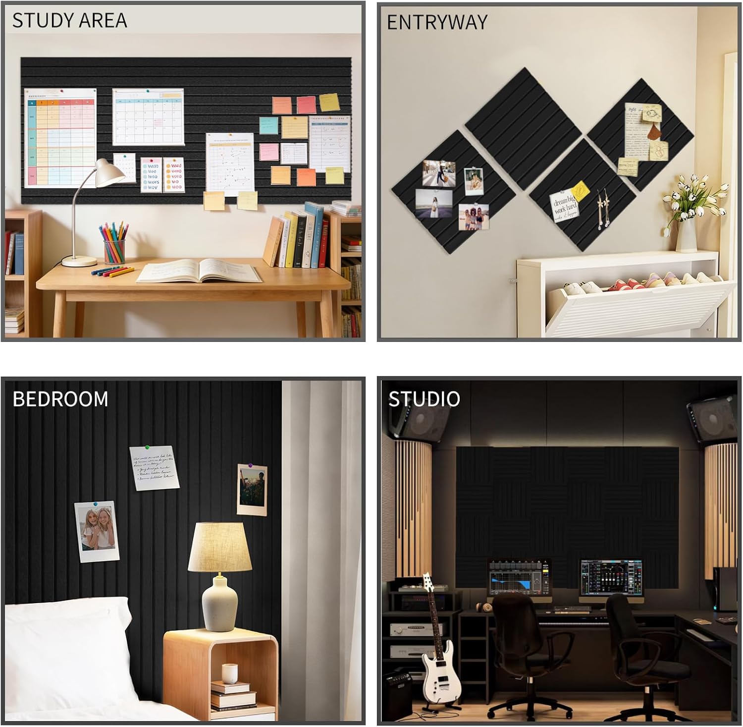 Large Felt Bulletin Board for Wall, 8 Pack Felt Board Tiles, 48'' x 24'' Modular Pin Board with Adhesive Tabs, High-Density Sound-Absorbing Felt Wall Organizer for Home Office(Black)