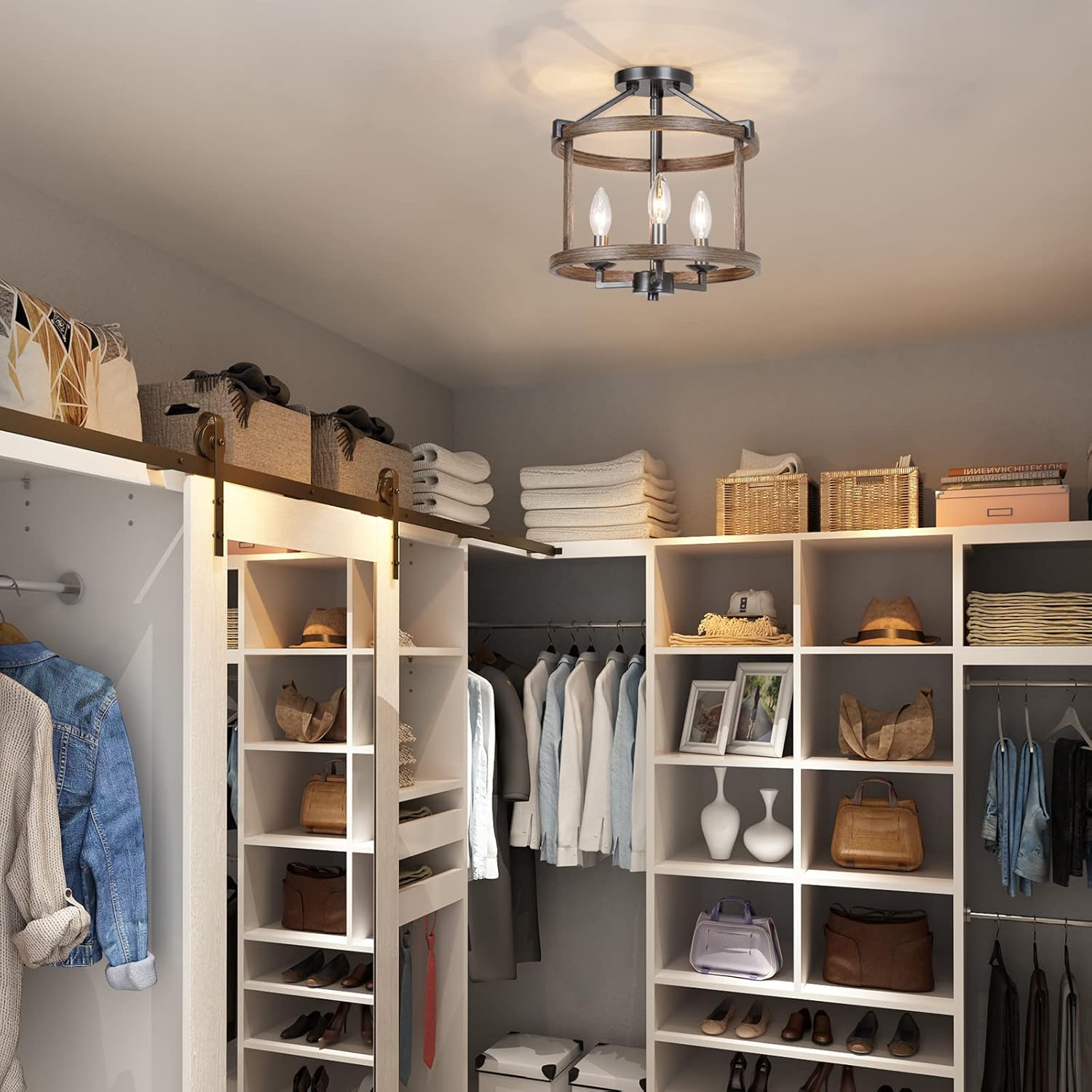 LALUZ Faux Wood Farmhouse Semi Flush Mount Ceiling Light Fixture for Bedroom, Hallway, Kitchen, Dining & Living Room and Foyer