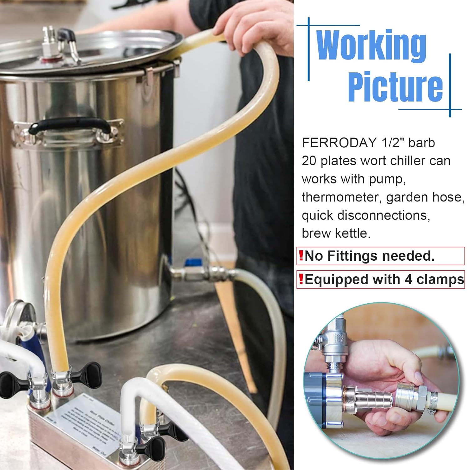 FERRODAY Wort Chiller, 20 Plate 1/2 Barb Fitting Plate wort Chiller, Stainless Steel Brazed Plate Heat Exchanger for Homebrew, beer brewing chiller Wort Cooler Heat Exchanger-7.5" x 1.9"