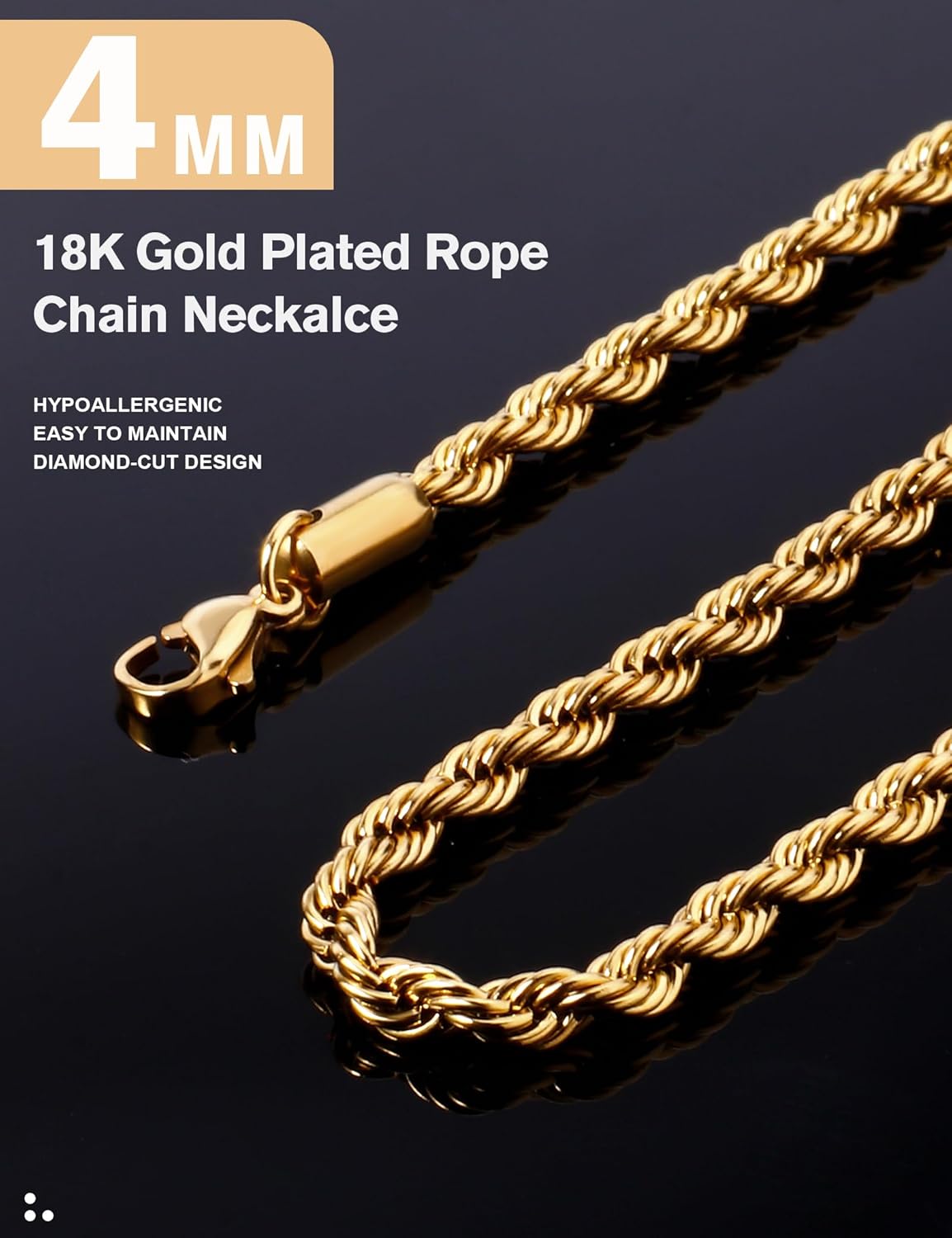 18K Gold Plated Rope Chain Necklace for Women, 4mm Dainty Gold Rope Link Chain Necklace 20 Inches - Image 5