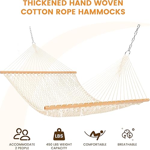 Miniatura 2 de Lazy Daze Hammocks Hamaca de doble cuerda, hamaca tradicional de cuerda de algodón tejida a mano para 2 personas con barra separadora, cadenas,