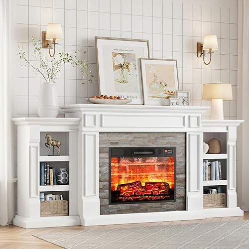Miniatura 3 de LGHM 72" Electric Fireplace with Mantel, Fireplace TV Stand for TVs Up to 80 Inch, Modern Entertainment Center with Storage, Realistic Stacked Stone