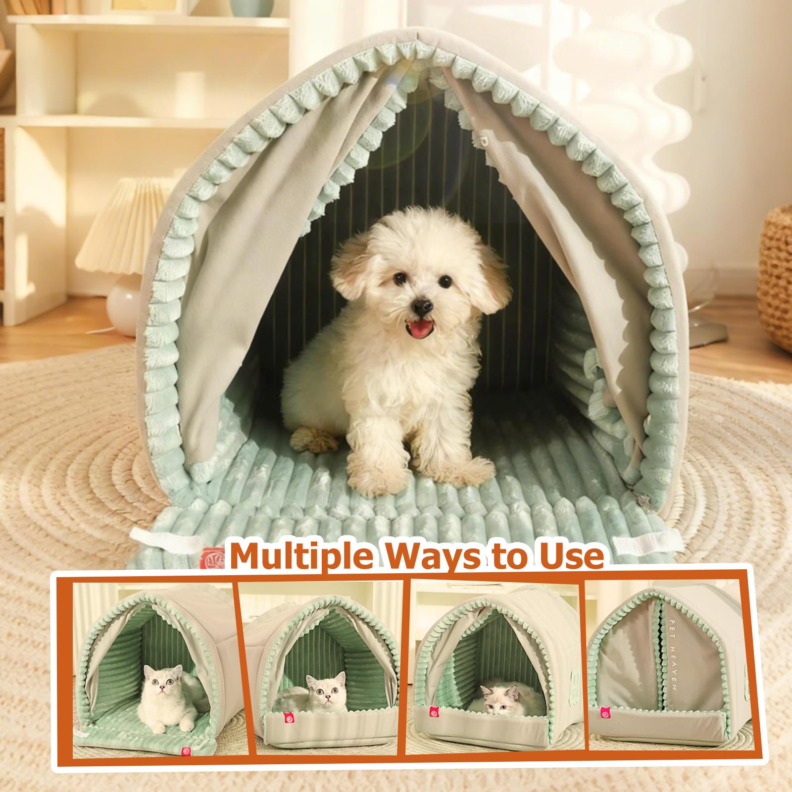 PETCUTE Cuccia per Gatti da Interno,Morbidi e Caldi,Letto per Cuccioli con Tende per Porte,Lavabile,Cuccia Gatto Chiusa con Fondo Antiscivolo,Casa Pieghevole per Gatti,per Piccoli Animali Domestici,L