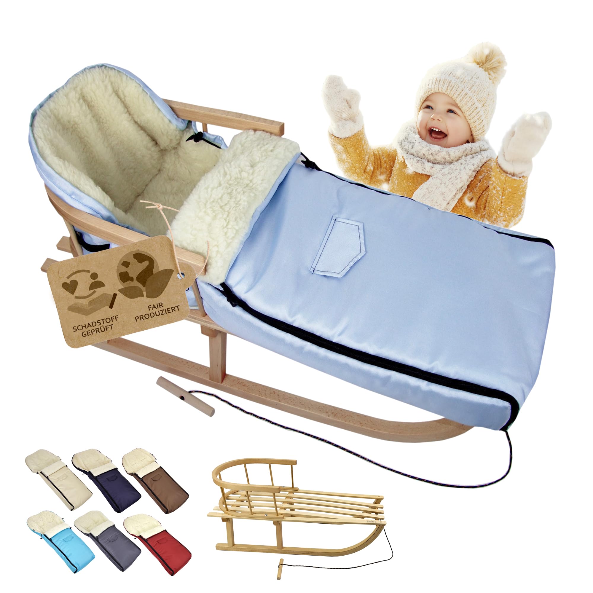 Kombi-Angebot Holz-Schlitten mit Rückenlehne & Zugseil + universaler Winterfußsack (108cm), auch geeignet für Babyschale, Kinderwagen, Buggy, aus Wolle Uni (hellblau)