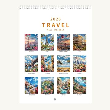 Wall Calendar 2026 World Travel Monthly Wall Calendar 12 Month Hanging Wall Planner,8.3" X 11.7 ", Thick Paper, Illustrated