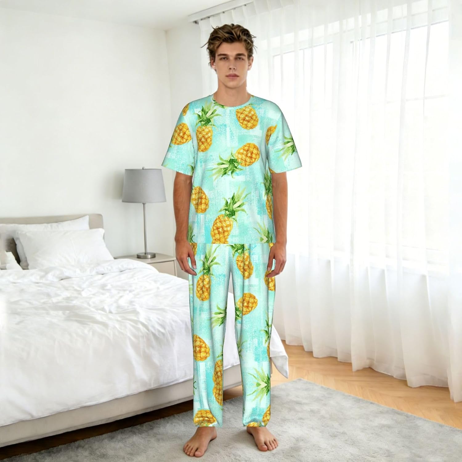 Men'S 2 Piece Loungewear Pajama Set Fashion Pineapple Print Short Sleeve Tee Top And Pants Set S-3xl