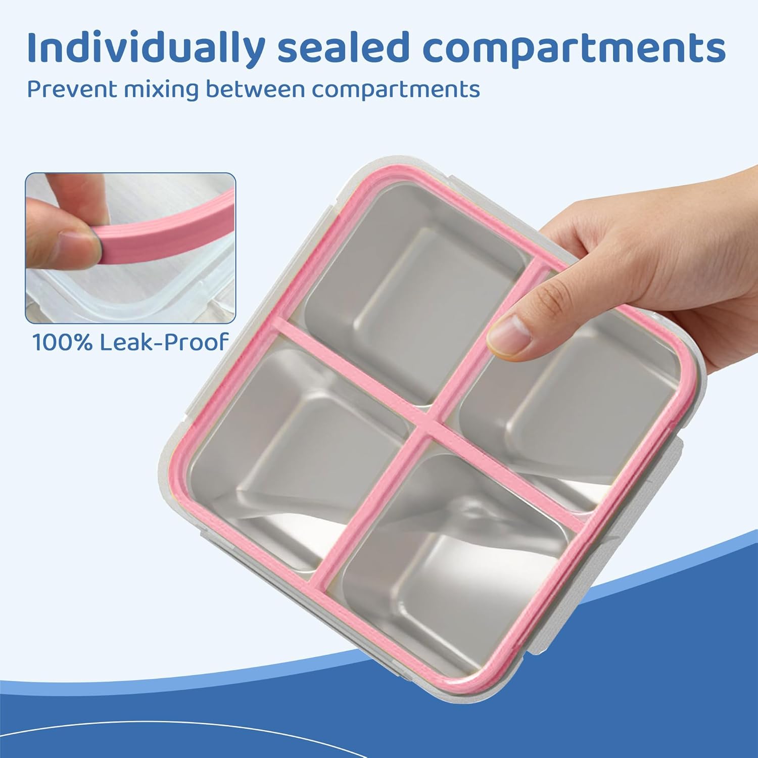 3 Pack Stainless Steel Reusable Snack Containers with Lids, 4 Compartment, Leakproof, 24.5 oz Food Storage & Meal Prep Containers, Bento Lunch Box for Adults,Men,Women(Pink)