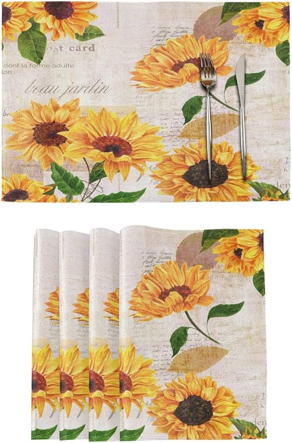 Watercolor Sunflowers Placemats Tables Mats Set of 4 for