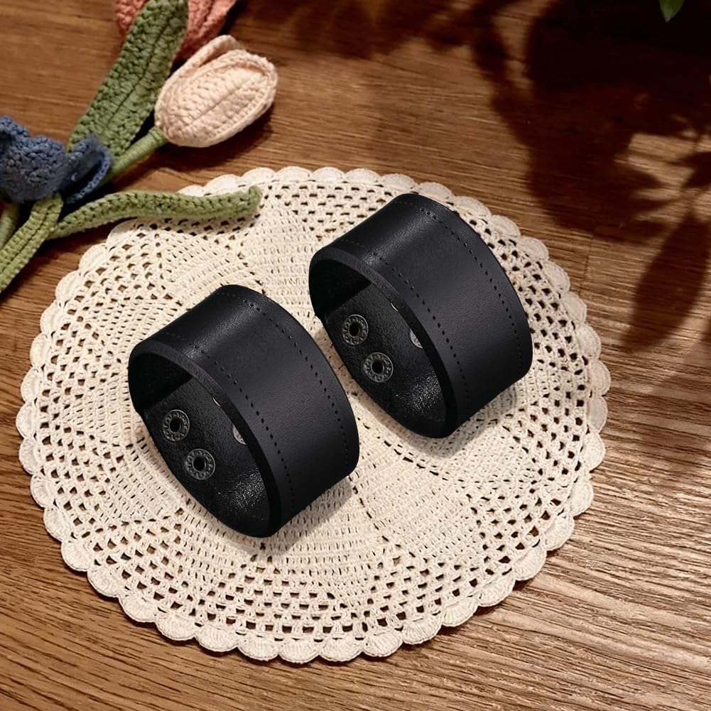 2PCS Wide Cowhide Leather Blank Cuff Bracelet for Men Retro Adjustable Handmade Genuine Leather Wrap Wristband Bangle Arm Armor with Snap for Men Women Halloween Costume Party(Black)