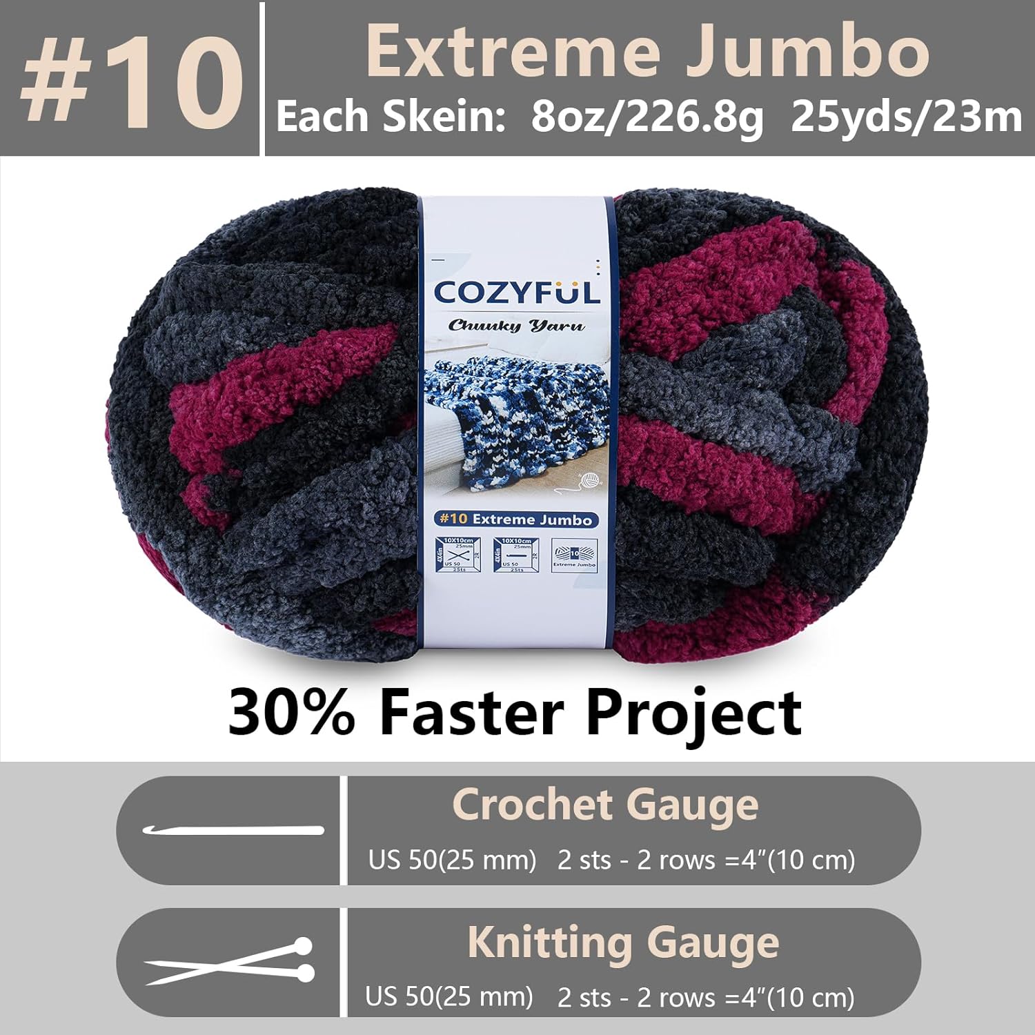 Chunky Yarn for Hand Knitting - #10 Chunky Chenille Blanket Yarn, Jumbo Big Thick Chunky Yarns for Crocheting, Tie Dye Bulky Knit Yarns, 8 Skein (25 yds 8 oz Each Skein), Grey & Black & Red