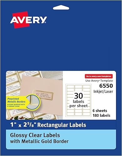 Avery Etiquetas transparentes brillantes con bordes de etiqueta dorada metálica, etiquetas rectangulares de 1 pulgada x 2-58 pulgadas, 180 en total,