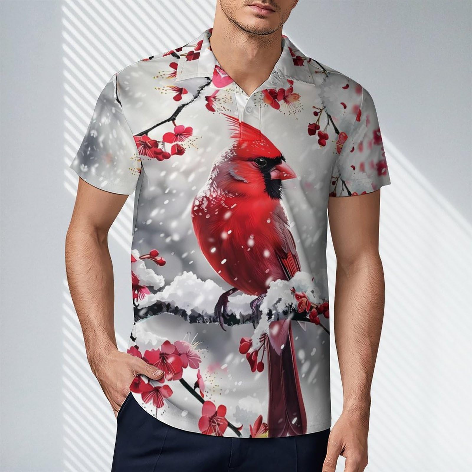 Red Bird Snowy Day Novelty Men's Short Sleeve Shirts Funny Golf Tennis Work T-Shirt Sport Tee 2XL