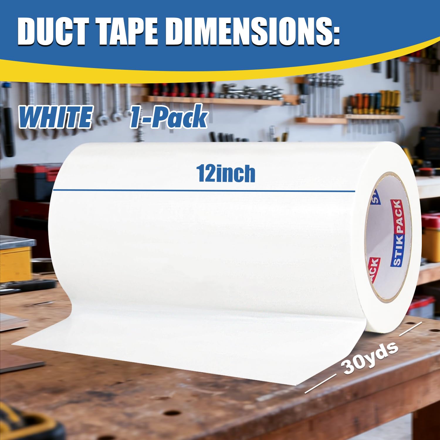 12 Inch Wide Duct Tape Heavy Duty, Industrial Grade White Duct Tape 12 inches x 30 Yards (90 ft), 9 Mil Strong, Flexible, No Residue, Waterproof, UV Resistant for Crafts & Home Improvement