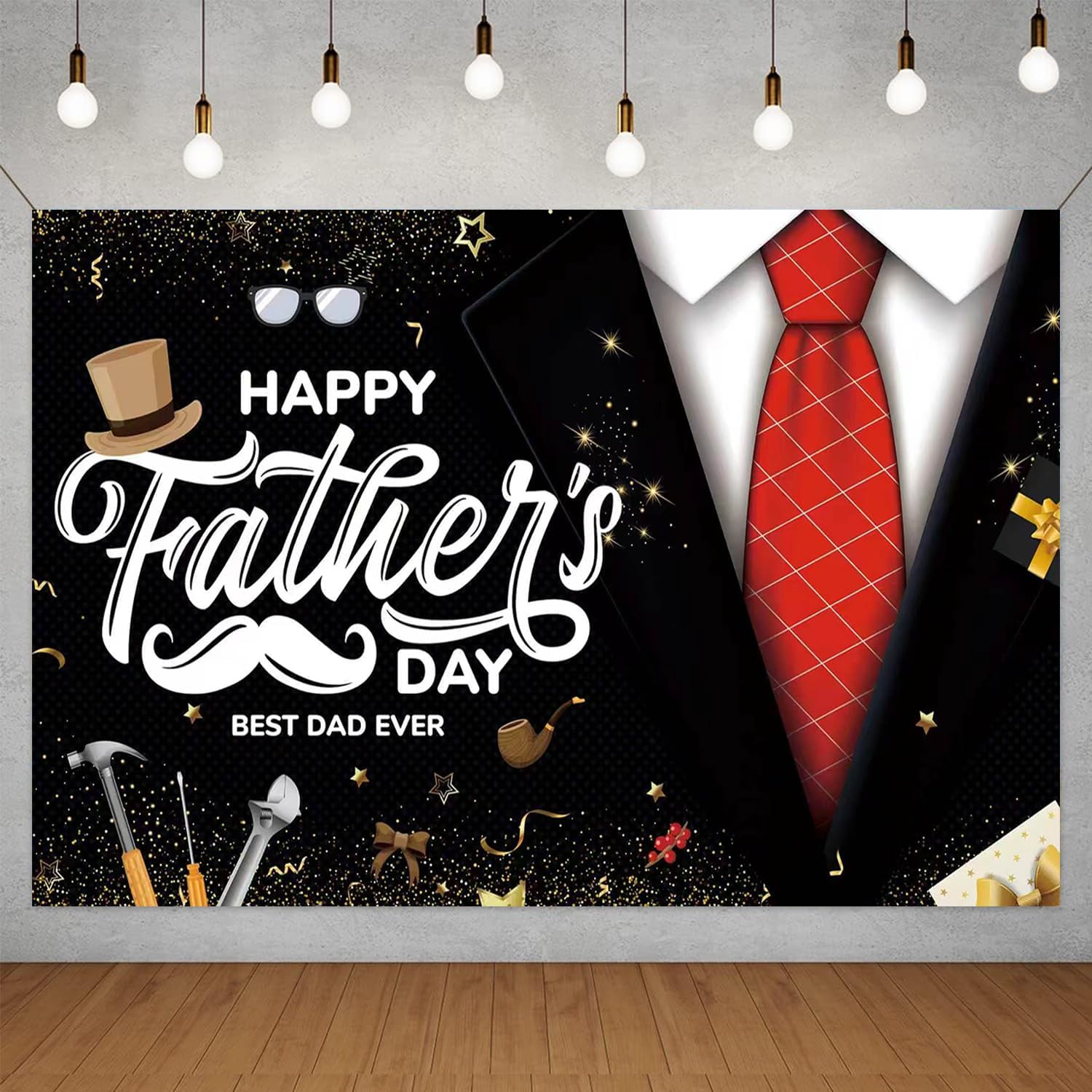 Father's Day Backdrop, Happy Fathers Day Decorations Black Red Best Dad Ever Banner Background with Red Tie Tools Gifts Stars for Dad Party Photo Booth, 71 x 43 Inch