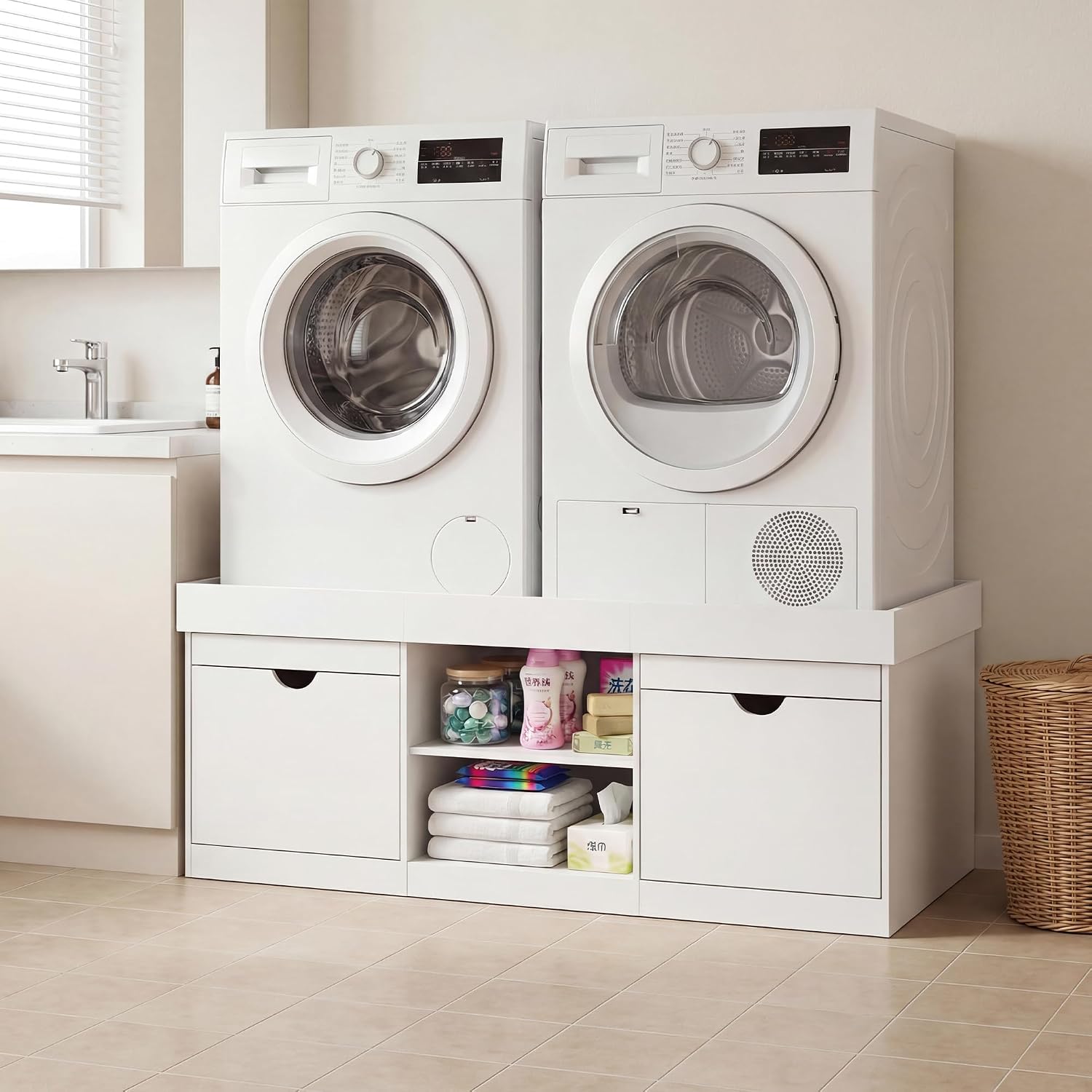 Washer and Dryer Pedestal, Heavy Duty Wooden Laundry Stand (White, 57.1" W) thumbnail