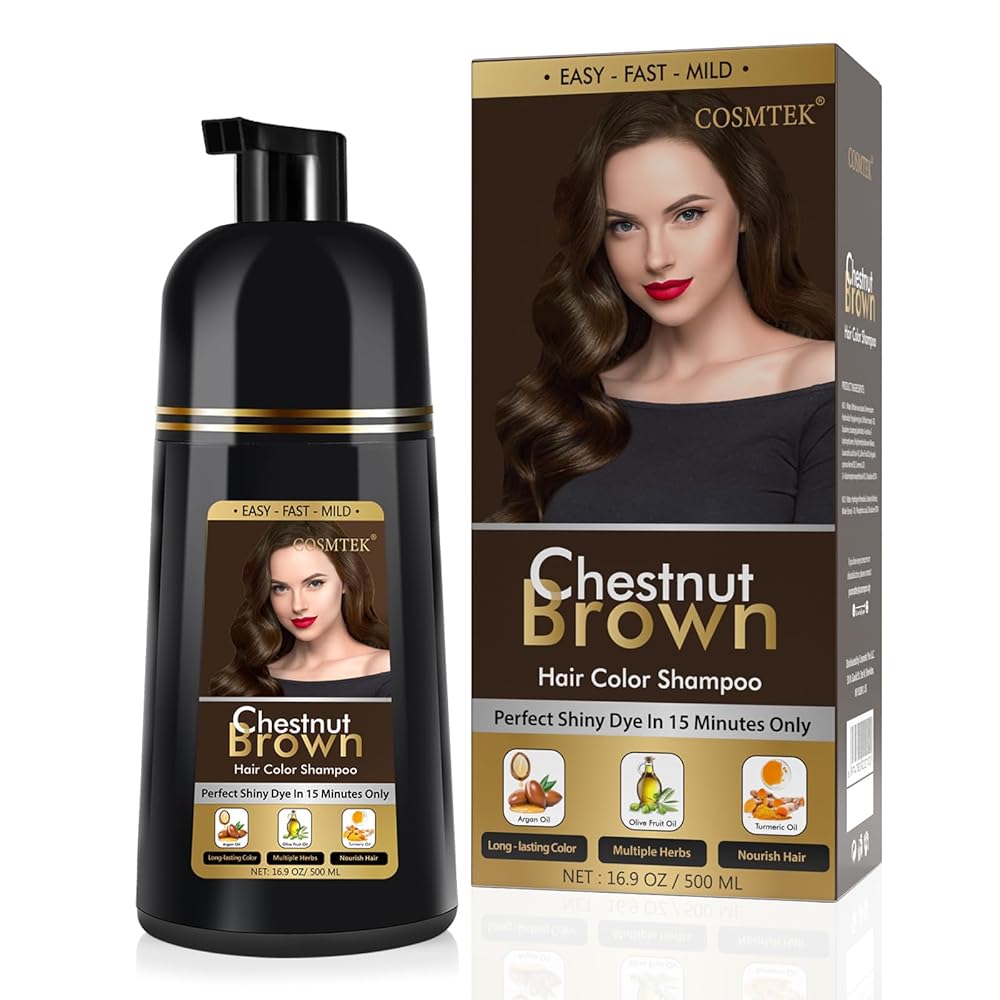 COSMTEK Chestnut Brown Hair Dye Shampoo Permanent for Men&Women,Instant Hair Color Shampoo for Gray Hair Coverage,16.9oz