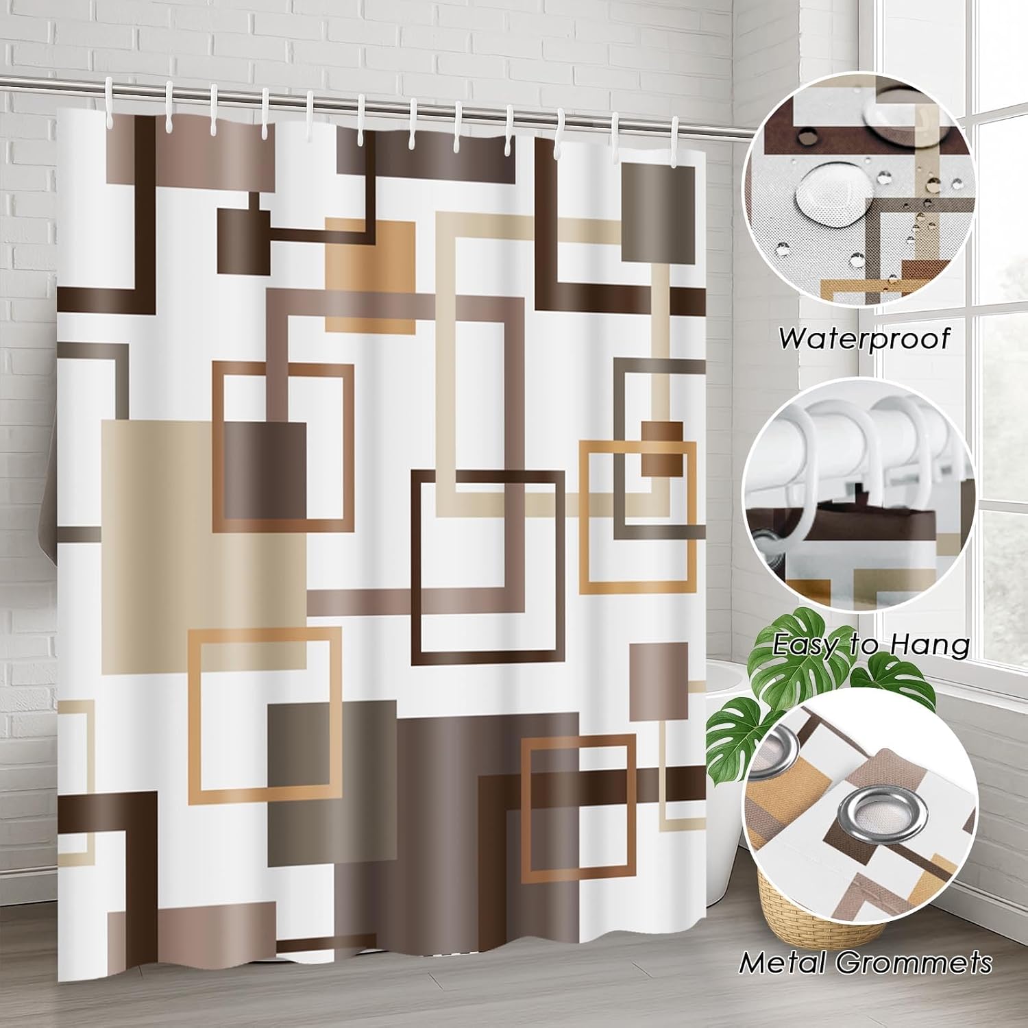 Geometric Brown Shower Curtain Set with Toilet Lid Cover and Non-Slip Rugs, Abstract Square 4 Pcs Shower Curtain for Bathroom, Modern Simple Line Bathroom Decor