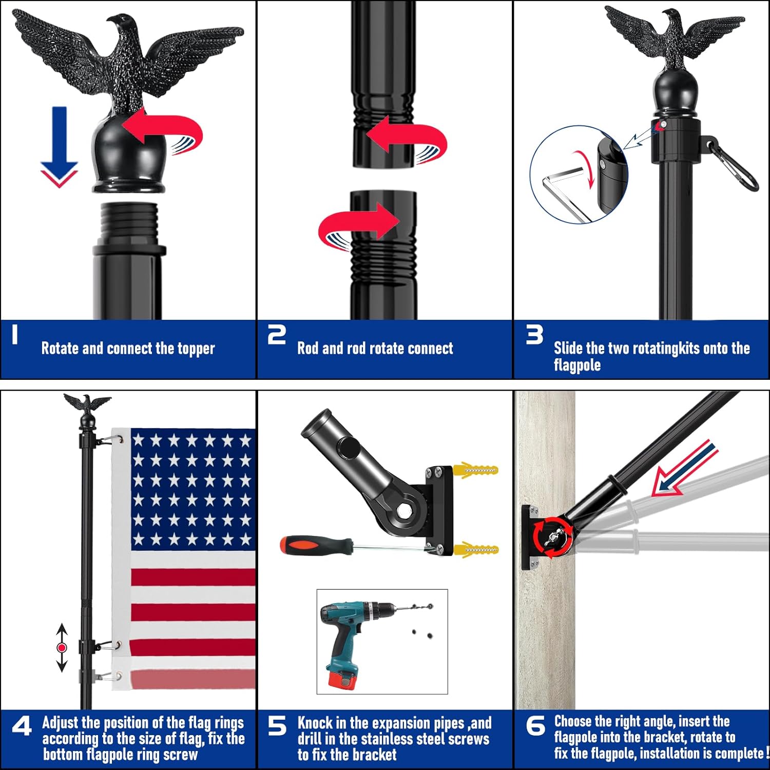 LETSTRY 6FT Flag Pole for Outside House with Adjustable Bracket, Upgrade Stainless Steel Tangle Free Flagpole, Heavy Duty House Flag Pole Kit for 3x5 Flags for Residential, Outdoor or Porch, Black - Image 8